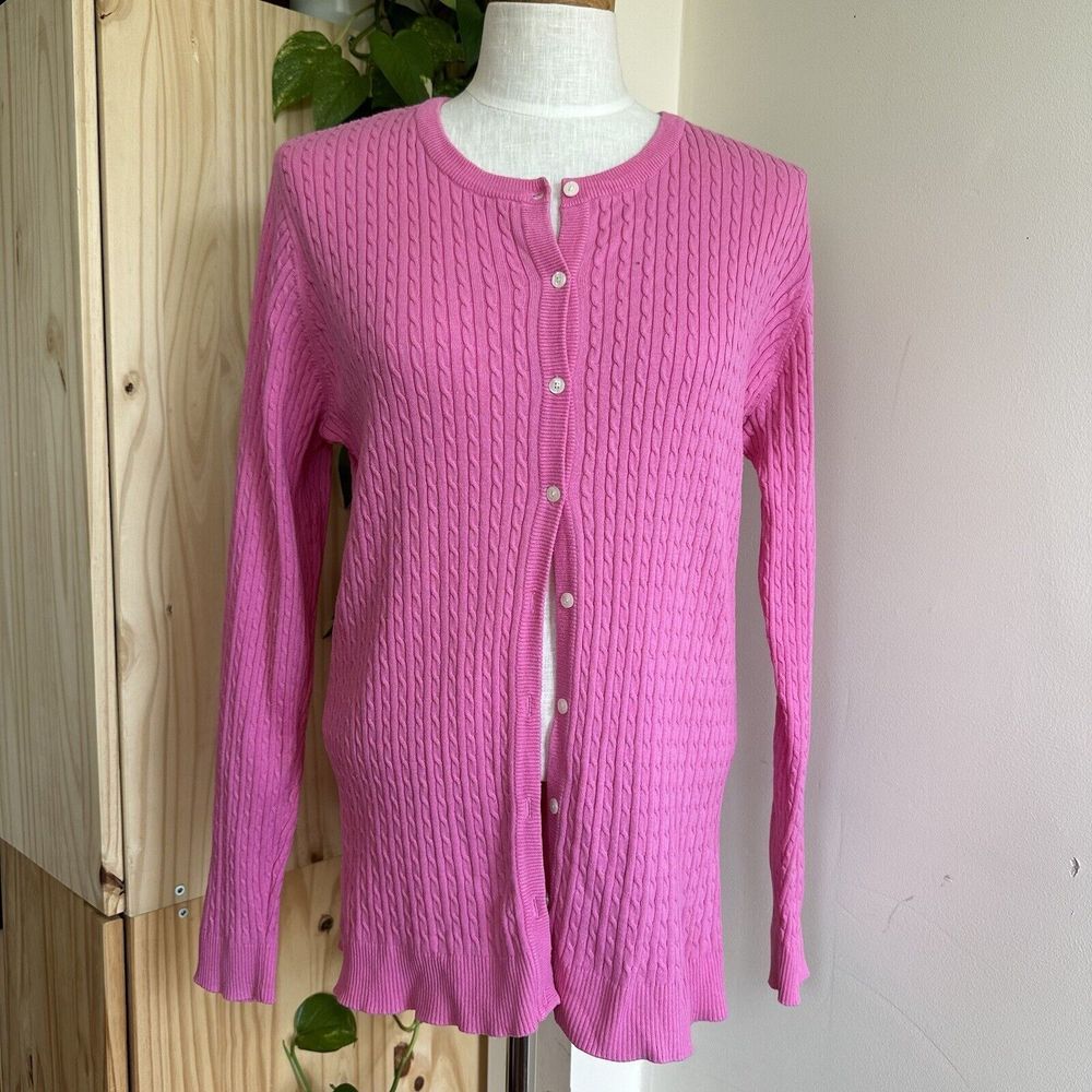 Lilly Pulitzer Cable Knit Cardigan Womens L Pink Button Up  Sweater Cotton Blend